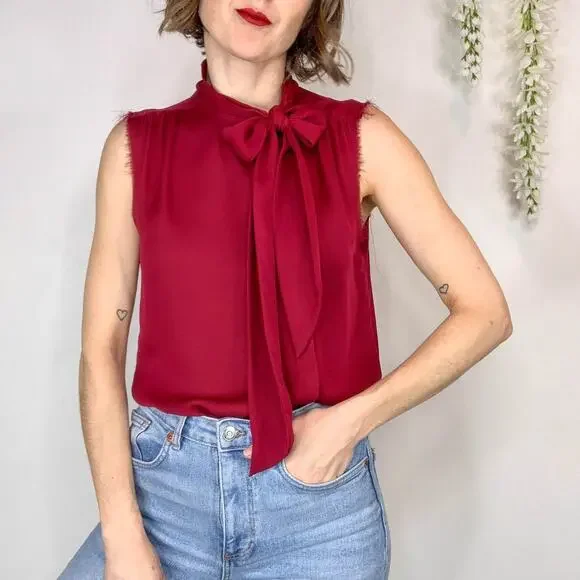 REVOLVE NSF silk sleeveless top neck tie frayed hem button front berry 3076 - Picture 11 of 11